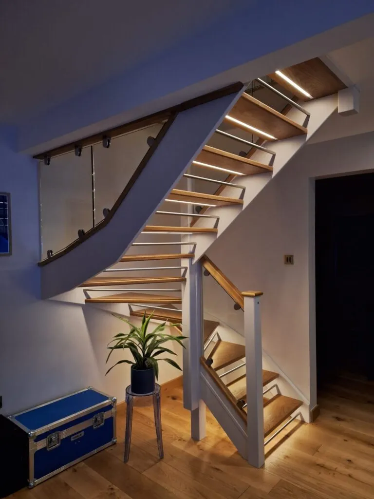 A stair case with a plant in a room.